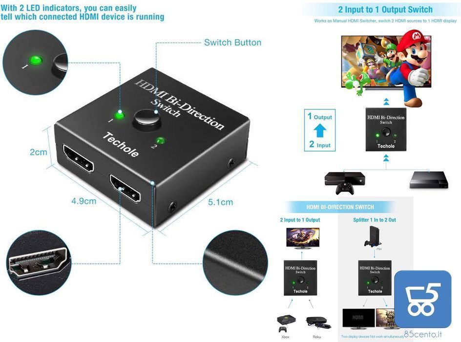 Techole Hdmi Switch 2X1/1X2 4K 30Hz 3D Bez Zasilania Plug&Play