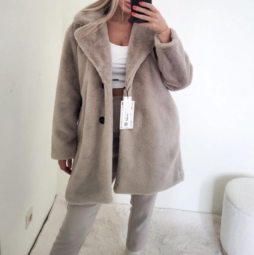 zara płaszcz sztuczne futerko szare szary camel piaskowy xs s m