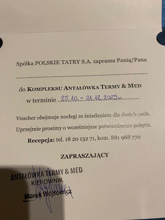 Sprzedam voucher do hotelu Antałówka Termy and Med w Zakopanem.