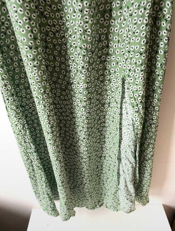 H&M śliczna delikatna zielona sukienka MIDI w kwiaty bufki 38