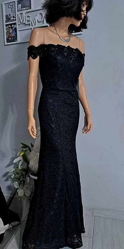 Czarna Suknia Maxi Gorsetowa Haft Sznurowana Wieczorowa Gotycka Gothic