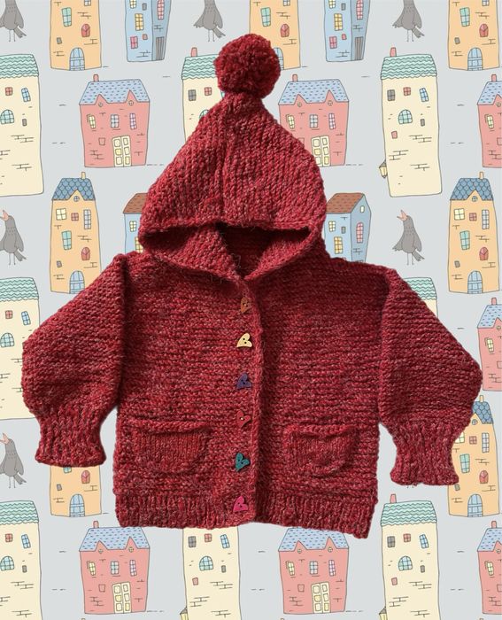 Kardigan dziecięcy Handmade rozmiar 86  kaptur pompon bordo burgund