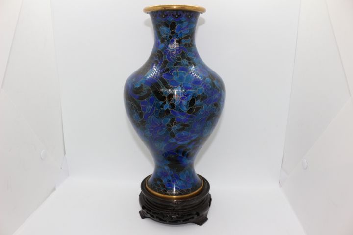 Jarra chinesa metal cloisonné 30A cm azul flores fio Dourado XIX/XX