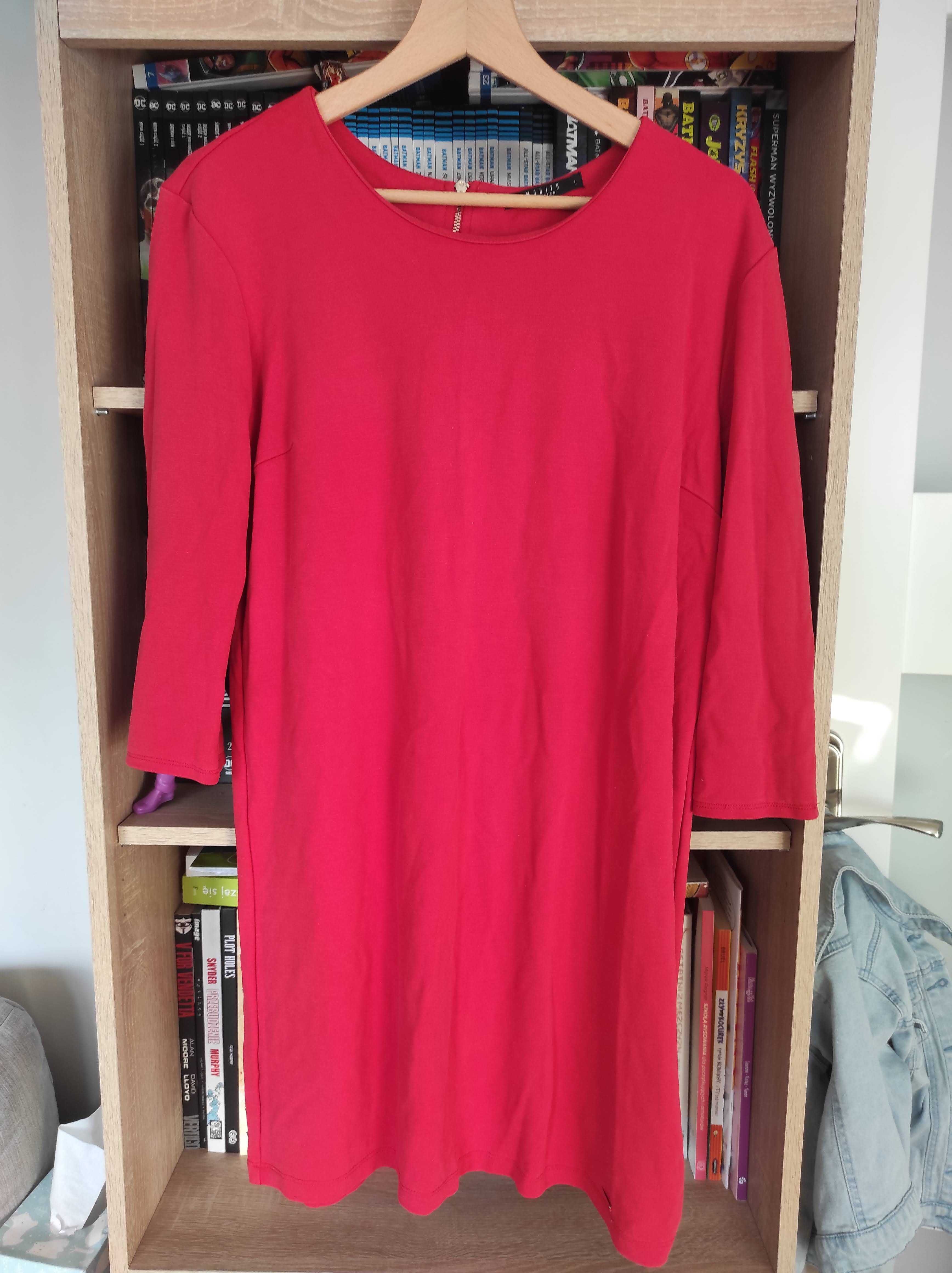 Czerwona sukienka midi Mohito gładka rękaw 3/4 rozm. L