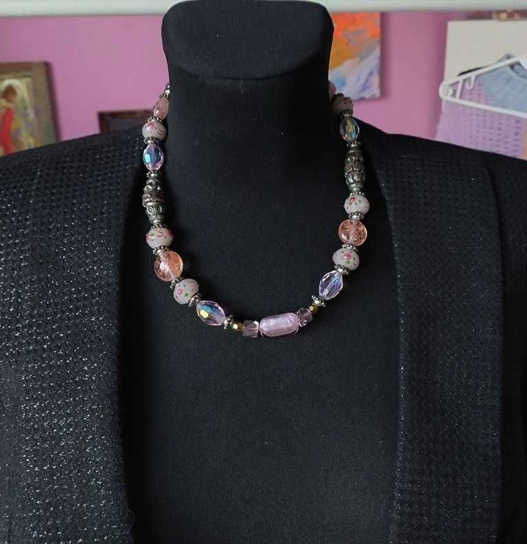 Naszyjnik korale metal plastik róż przezroczysty brąz modne eleganckie