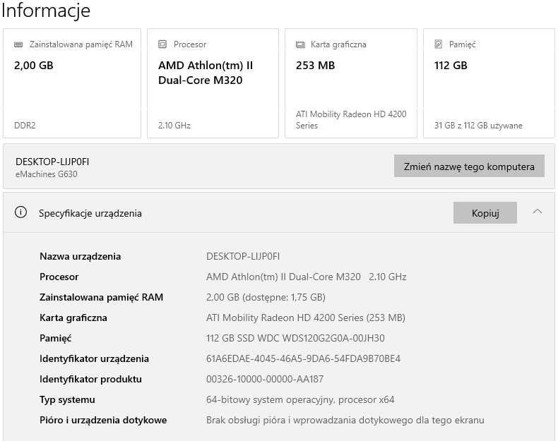 Laptop notebook acer eMachines dysk SSD 128GB AMD Windows 10 17 cali