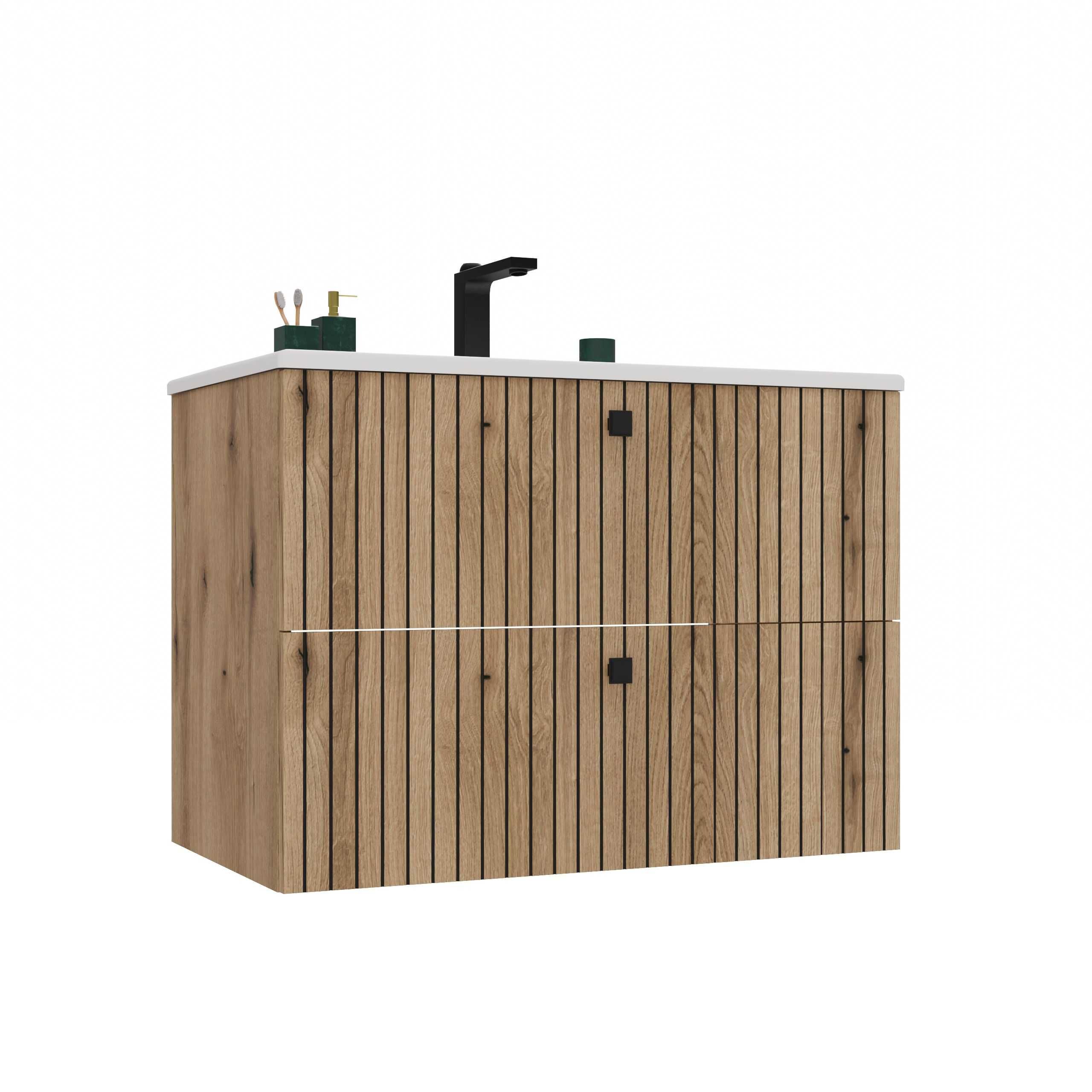 SZAFKA Pod Umywalkę TIGO 80 2S Ryflowany Front + Umywalka DĄB EVOKE