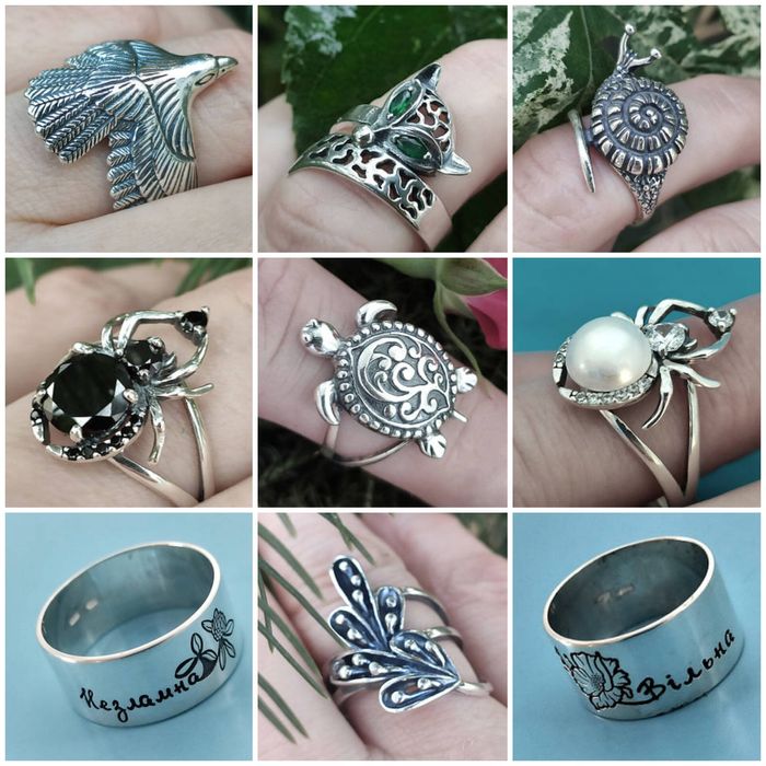 Нові срібні каблучки, 72 дизайни, різні розміри