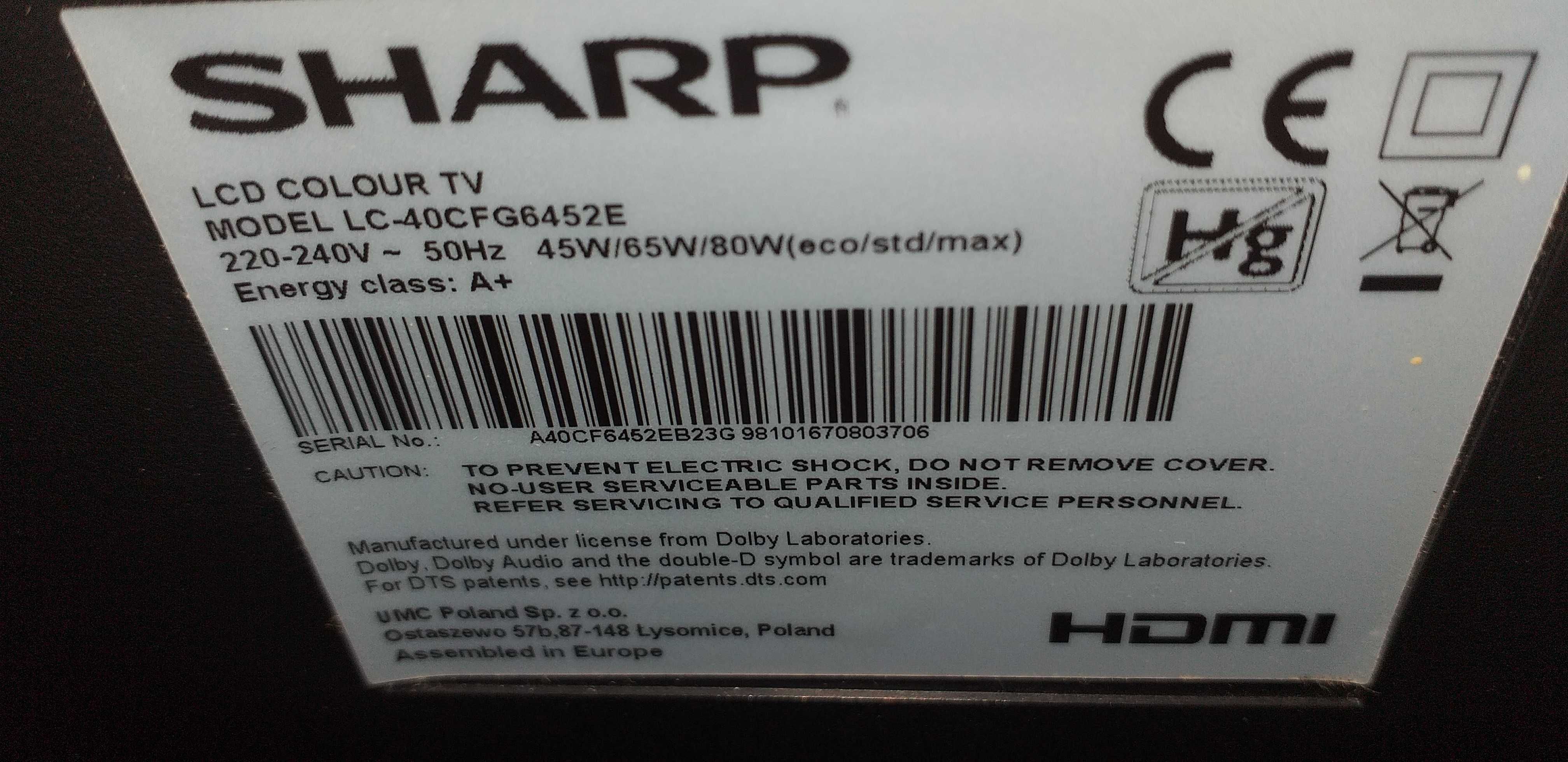 Sharp SMART LC-40CFG6352E DVB-T2 wi-fi Youtube Netflix pilot