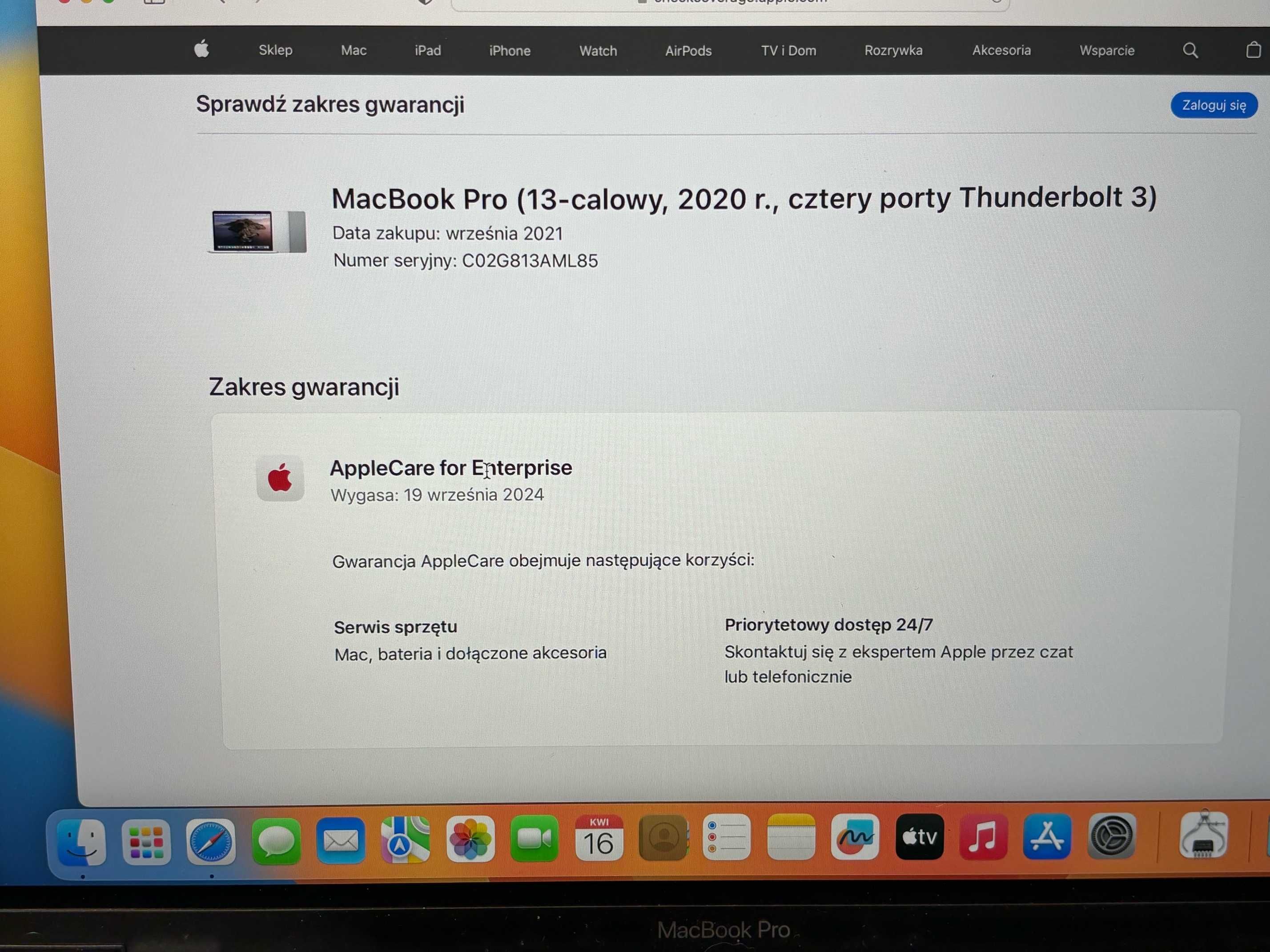 Apple Macbook Pro 13" A2251 /16GB/ 512 SSD 2020 Apple Care jak nowy