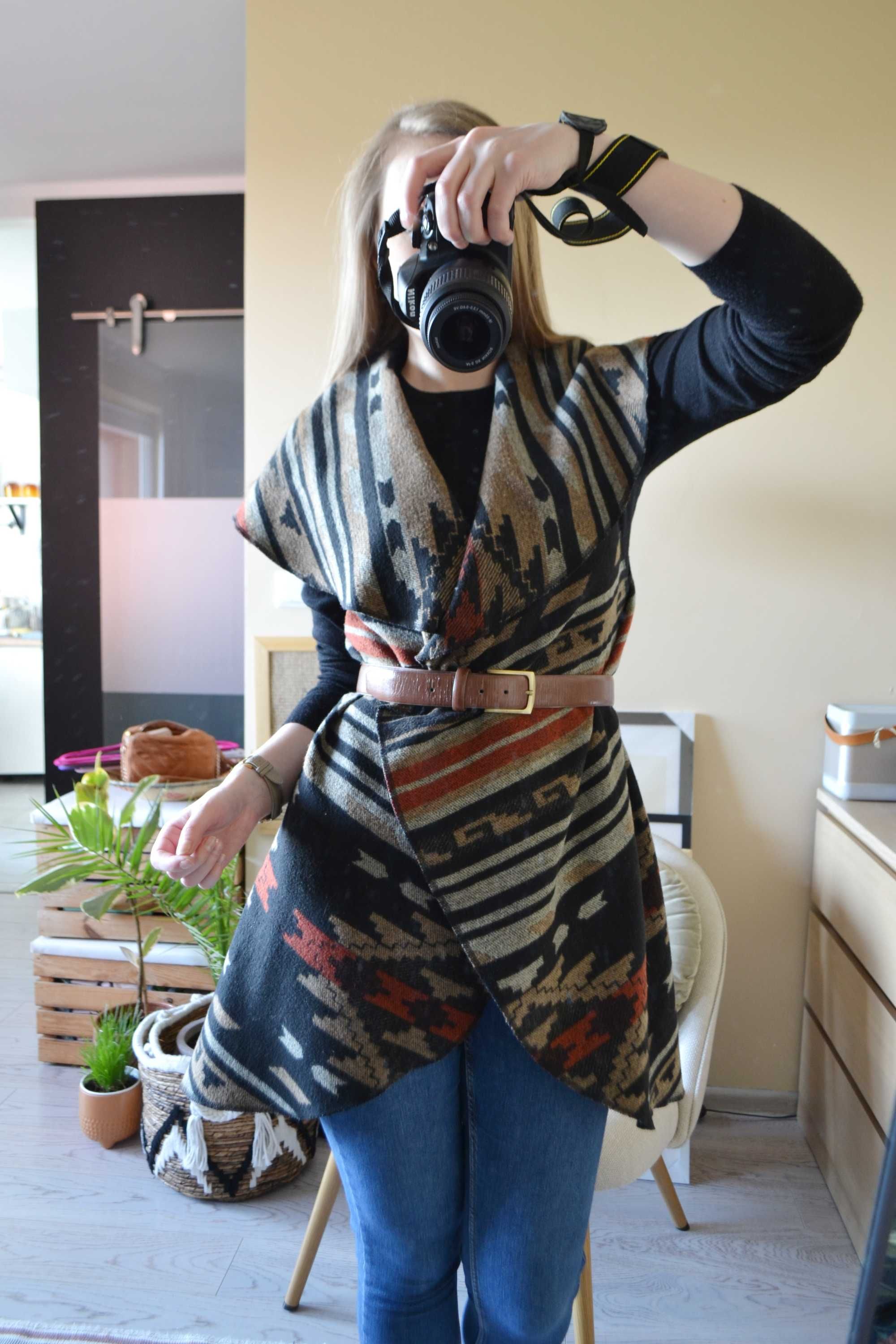 Ponczo poncho narzutka boho aztecka folk etno wełna New Look