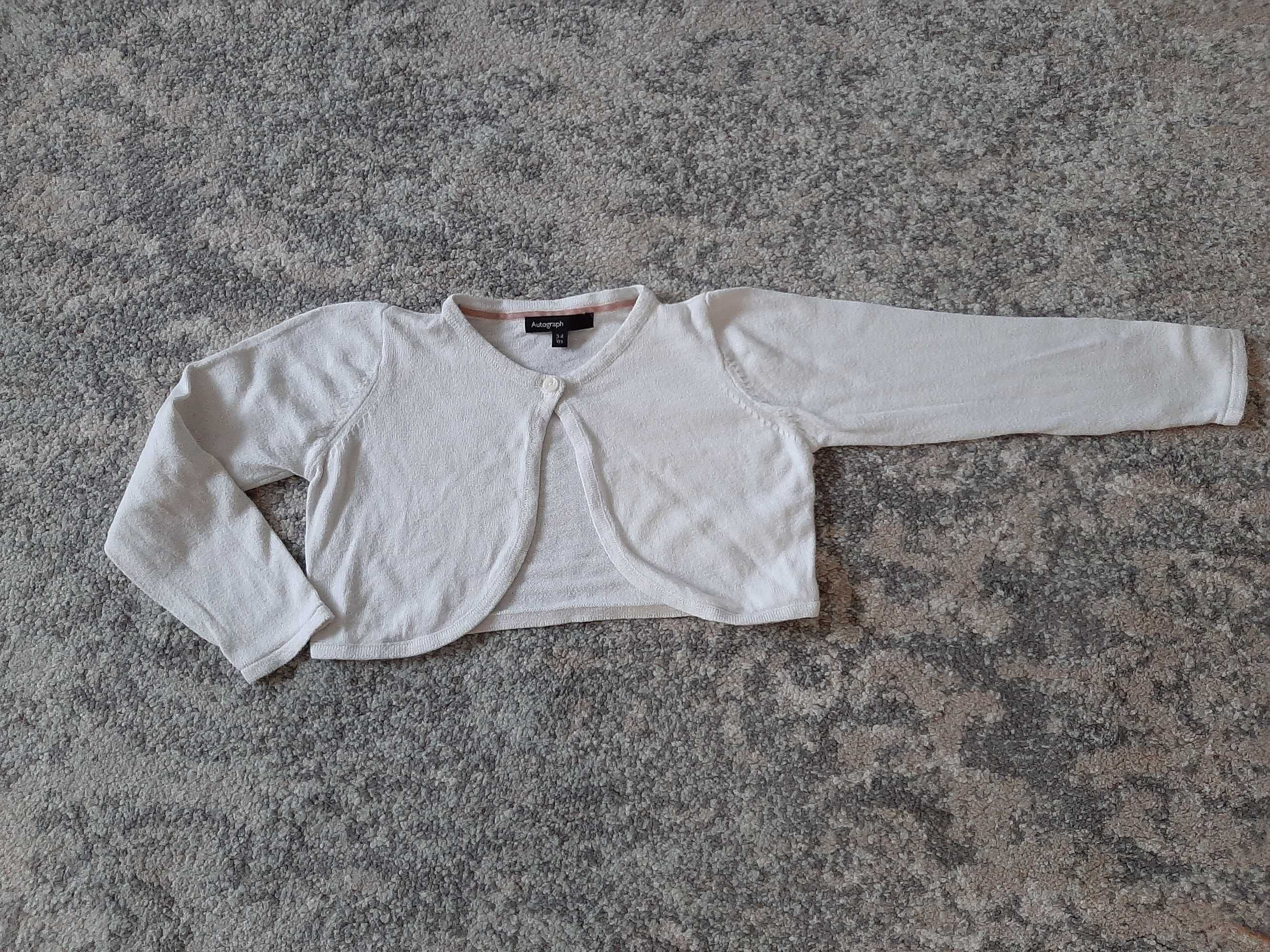 Bolerko sweterek 3-4 lata 98-104 biały z brokatową lamówką