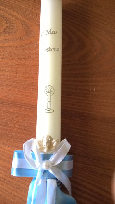 Vela redonda batismo/batizado tons azuis com anjo