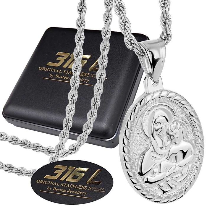 Srebrny Łańcuszek + Medalik Z MATKĄ BOSKĄ I DZIECIĄTKIEM Stal 316L