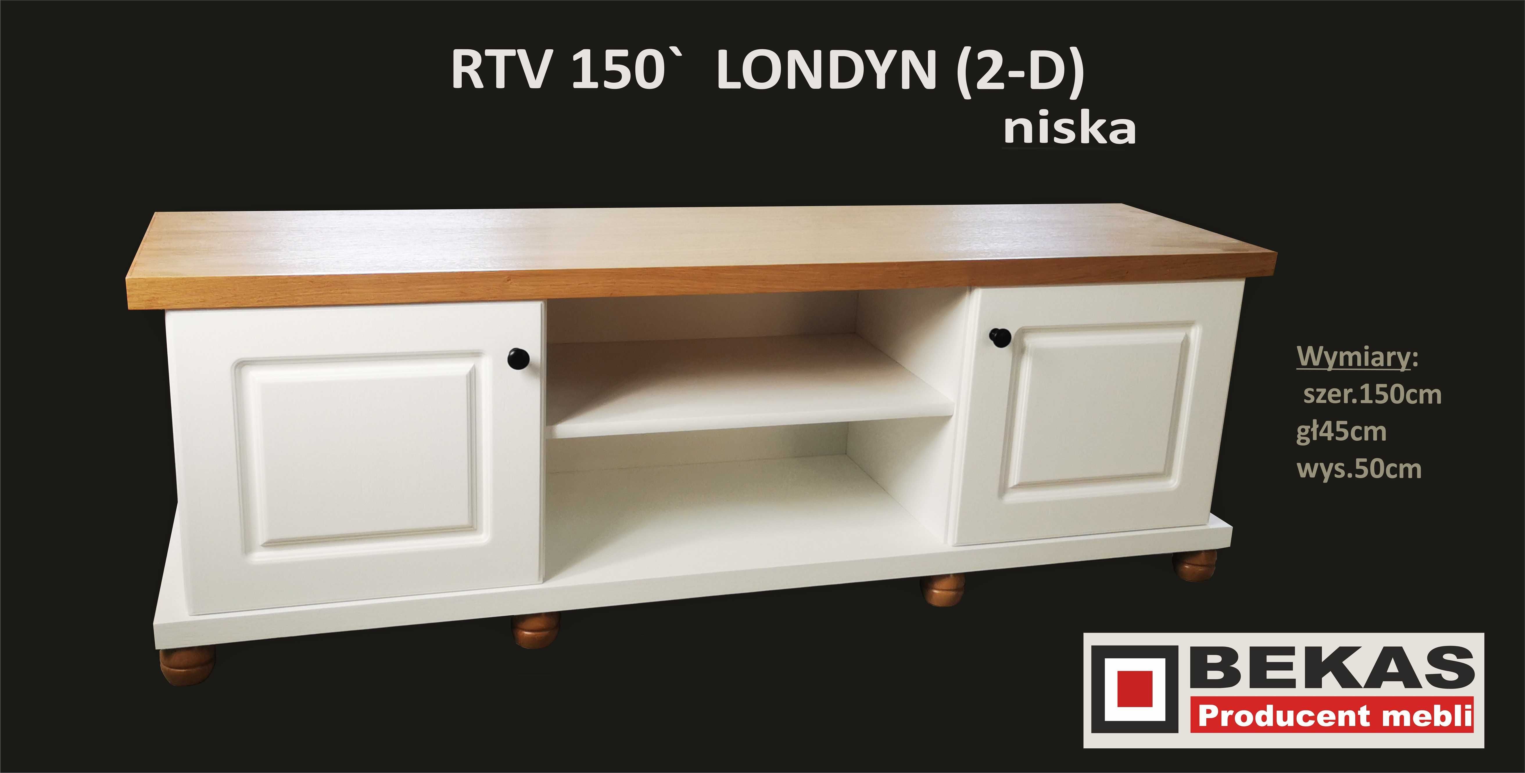 KOMODA  RTV 150` Londyn (2-D)  niska Biała Blat Dąb Producent BEKAS