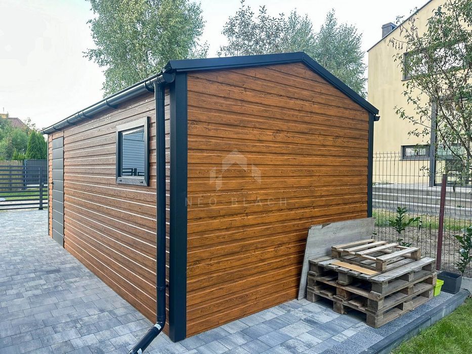 Garaż Blaszany 3X6M Brama Uchylna Drzwi Okno Drewnopodobny Rynny Nb283