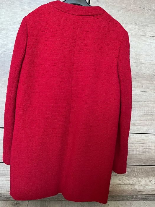 Płaszcz czerwony Zara elegancki tweedowy wiosenny