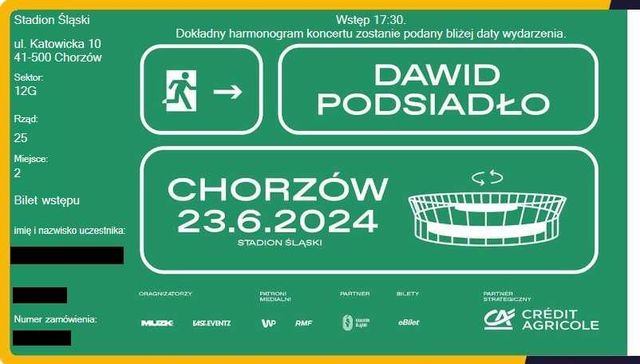 Dwa bilety na koncert Dawida Podsiadło w Chorzowie 23 czerwca