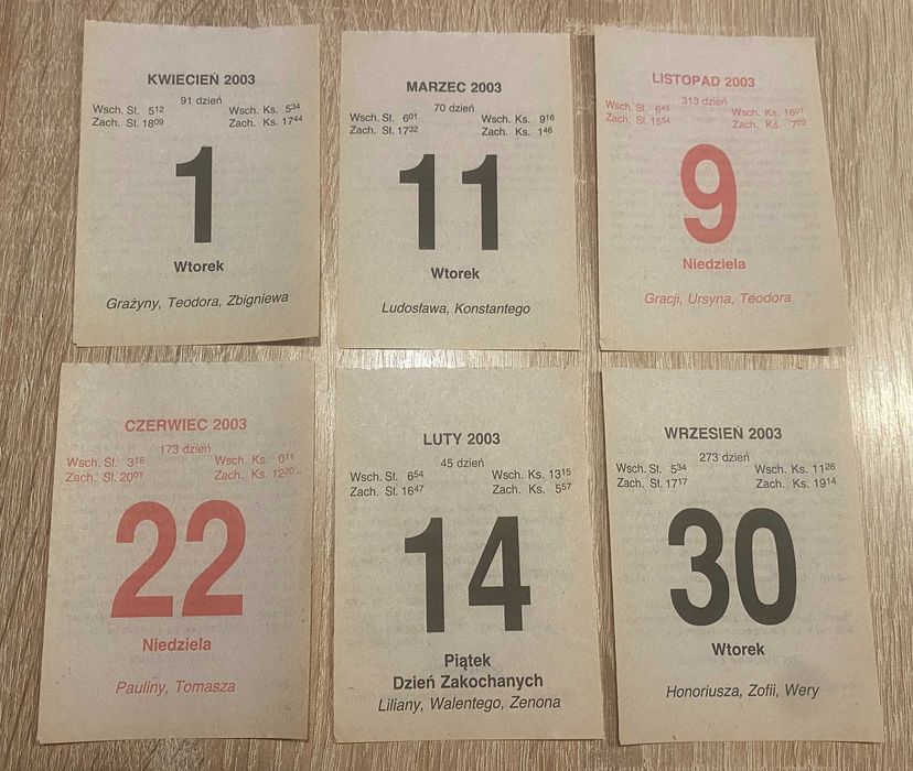Oryginalna kartka z kalendarza 2003 r. Prezent Rocznica Pamiątka