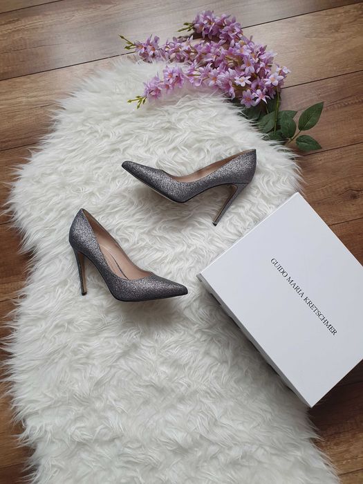 XA18 czółenka szpilki skórzane na wysokim obcasie brokat 40 srebrne