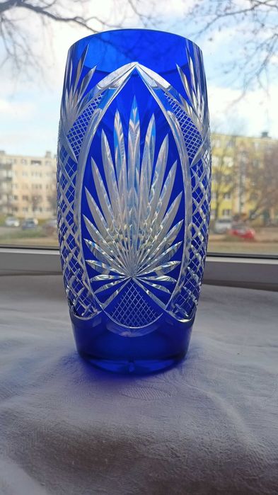 Wazon kryształowy lazurowany kobaltowy szlifowany Irena Inowrocław