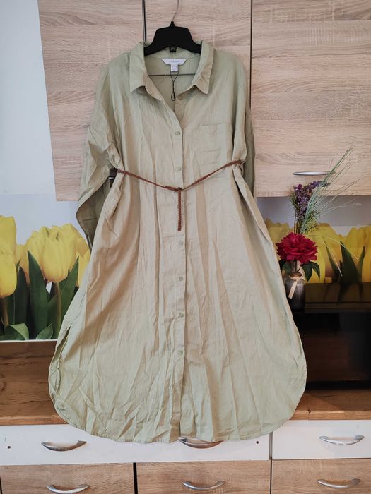 Cudowna oliwkowa sukienka koszulowa Primark rozmiar 46/48 bawełna/len