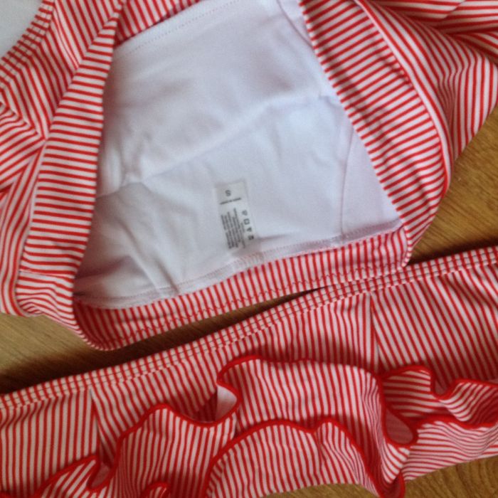 Купальник бандо с рюшами высокая талией красный плавки полоска воланы