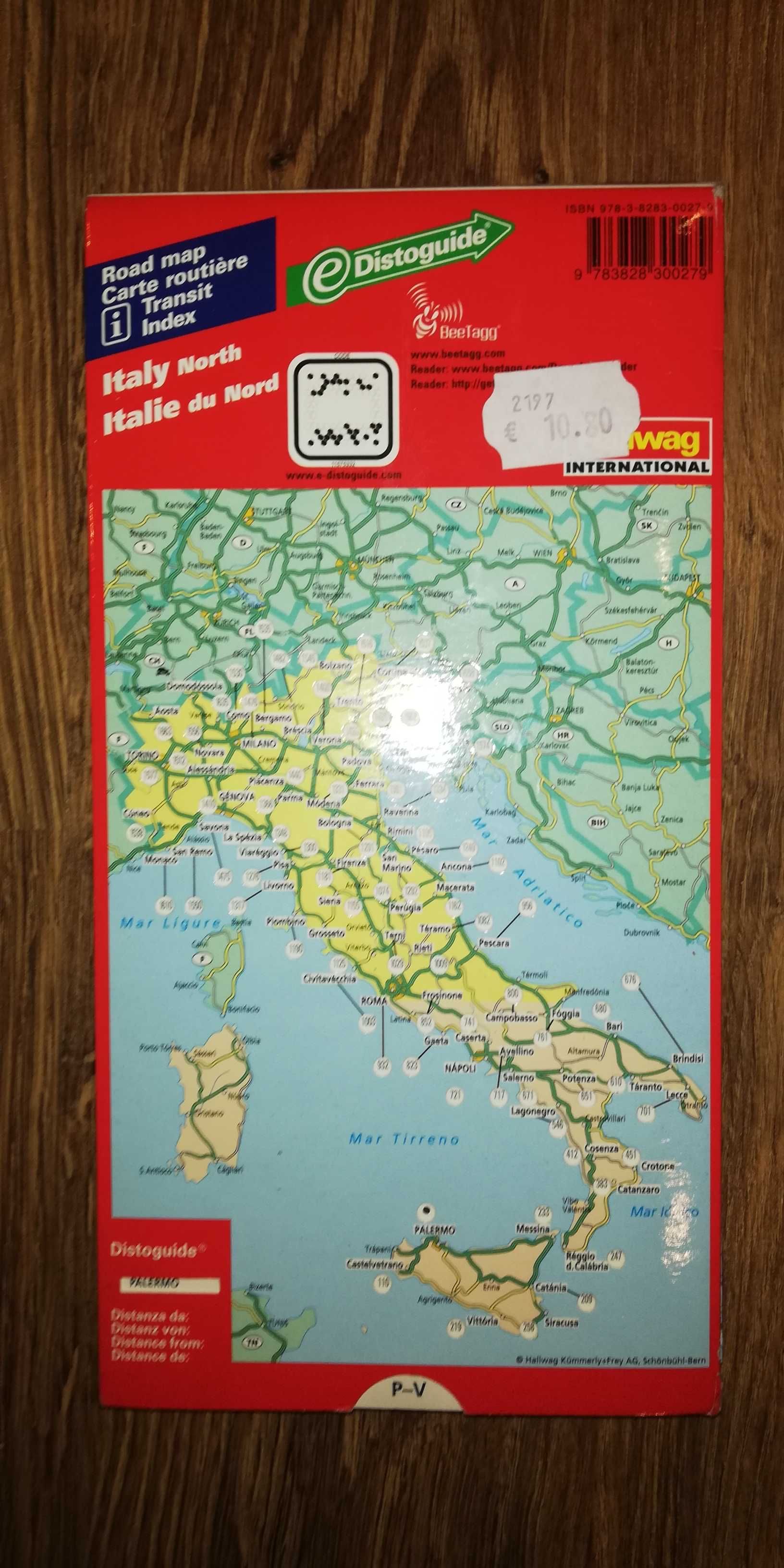 mapa samochodowa papierowa z tabelą odległości Włochy lub Szwajcaria