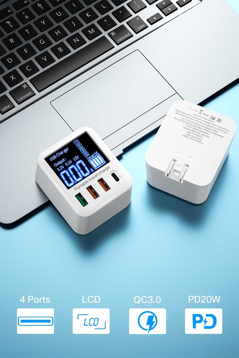 Szybka ładowarka ASOMETECH 40W USB 4-portowa z wyświetlaczem LED