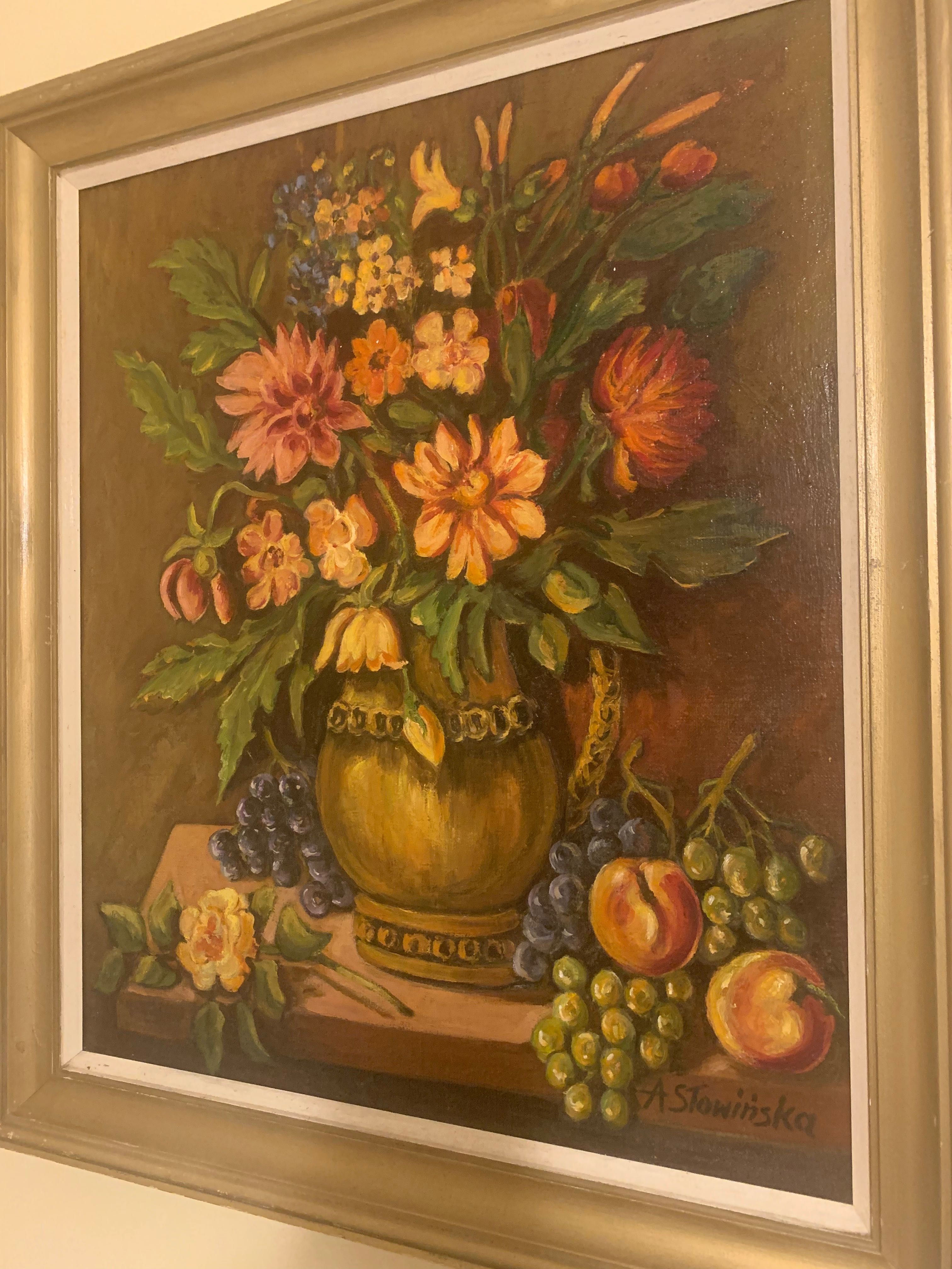Kwiaty w wazonie i owoce, obraz olejny na płótnie