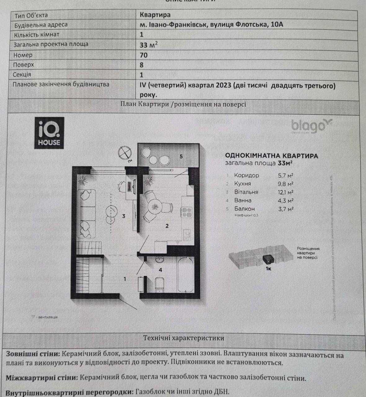 Продаж однокімнатної квартири в ЖК "IQ", БК "Благо"