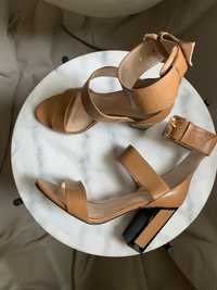 Skórzane sandały na obcasie Ochnik lato wesele klasyczne brązowe 40