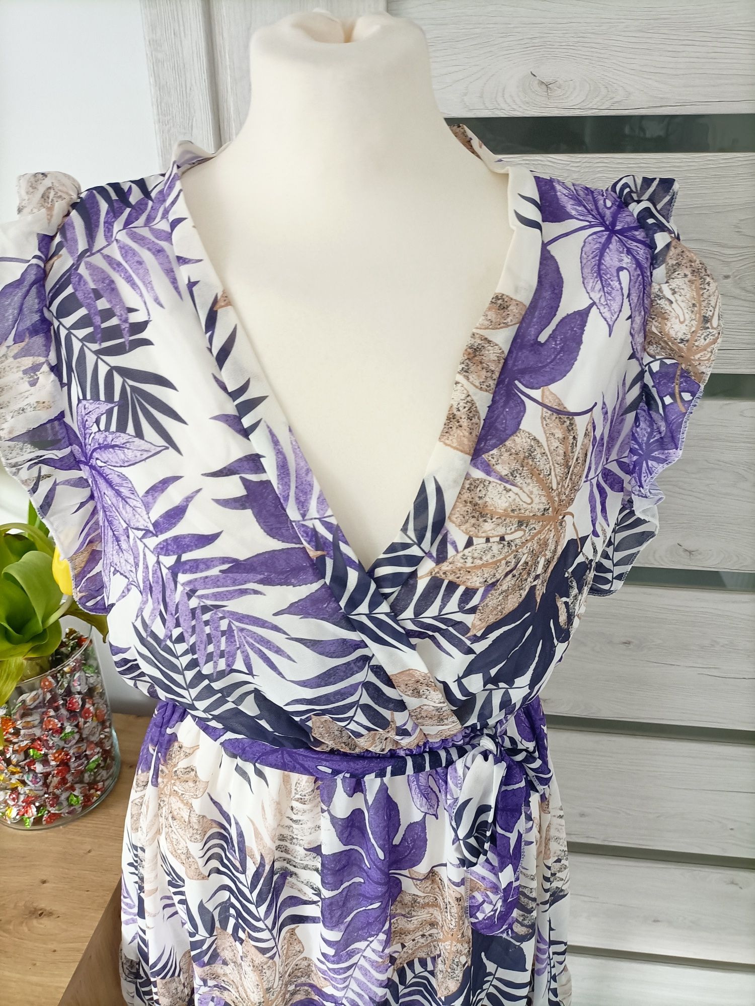 M/L/XL letnia sukienka zwiewna dekolt V kopertowa w kwiaty elegancka n