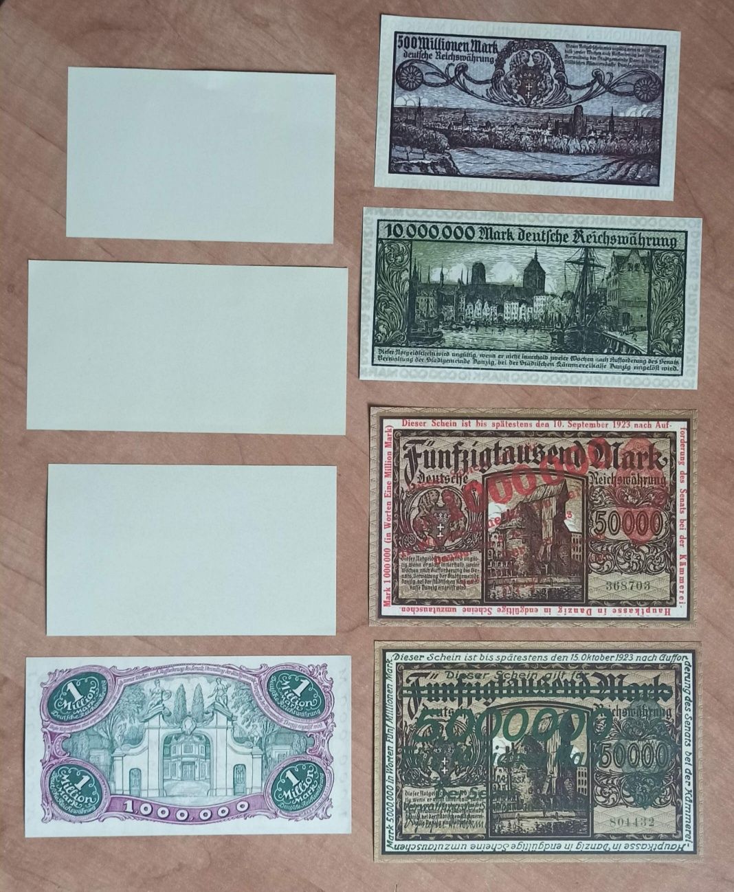 Zestaw kopii banknotów Wolnego Miasta Gdańsk