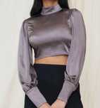 Bluzka koszula koszulowa długi rękaw crop top satynowa satyna