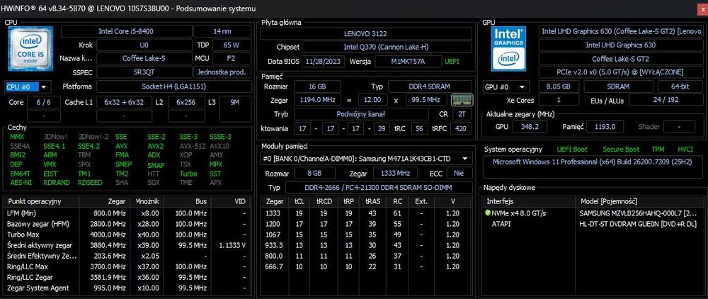 Komputer stacjonarny AIO LENOVO ThinkCenter M920z i5/16GB/256GB M.2