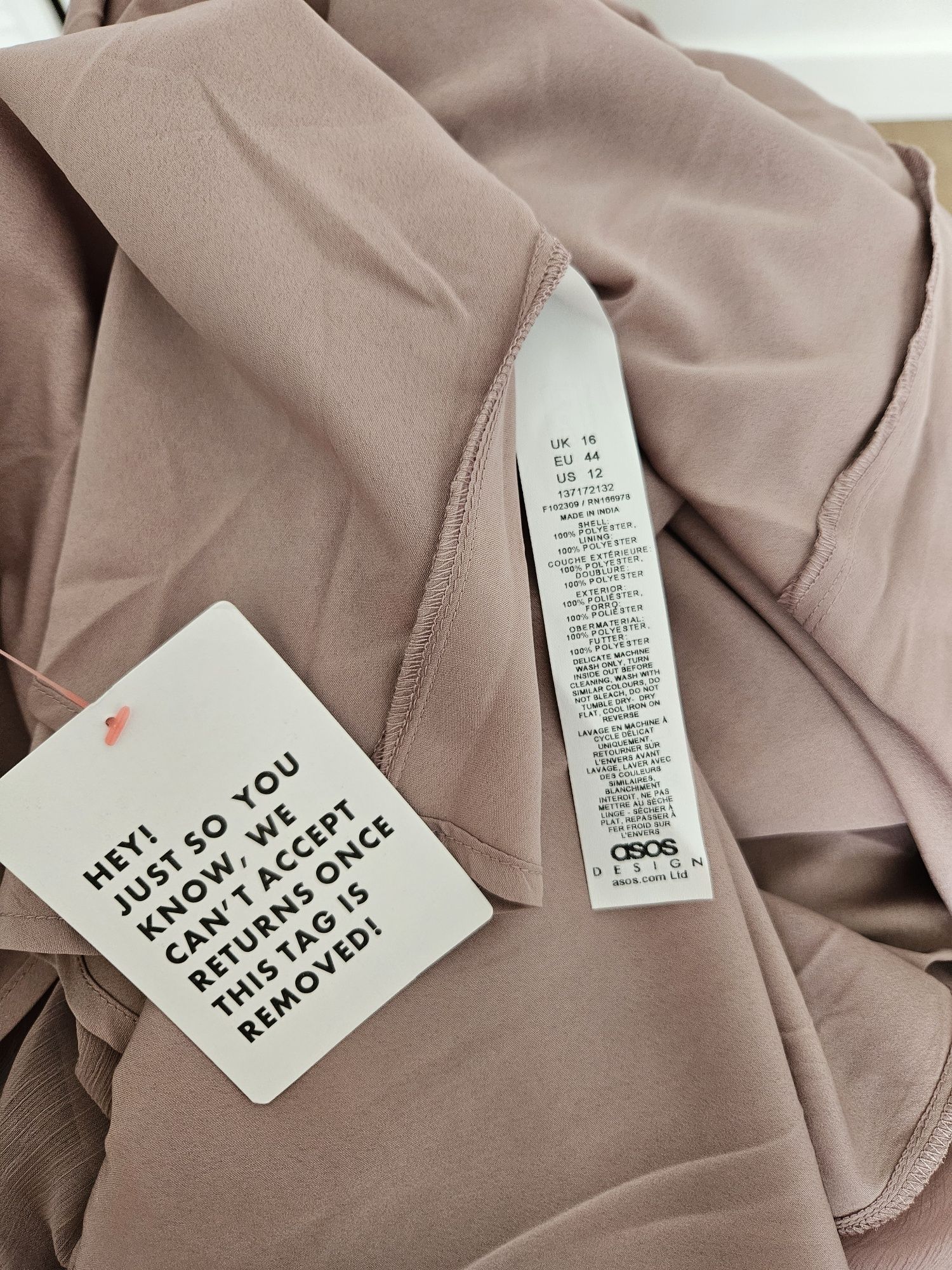 Długa suknia marszczona Asos 44 XXL pudrowy róż bez ramiączek odkryte