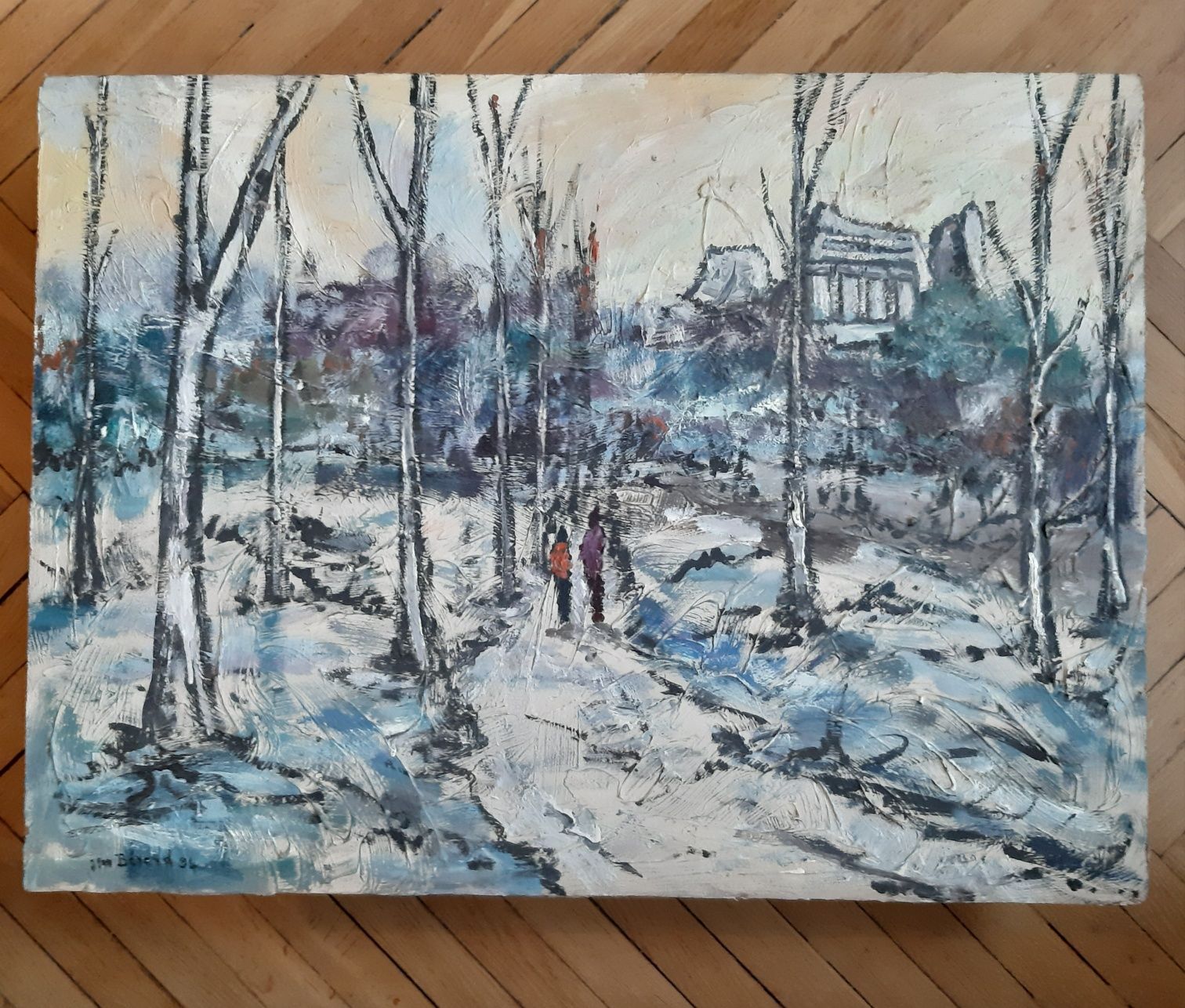 Duży krajobraz śnieg drzewa spacer Francuski obraz Jean Bererd ,,Zima"