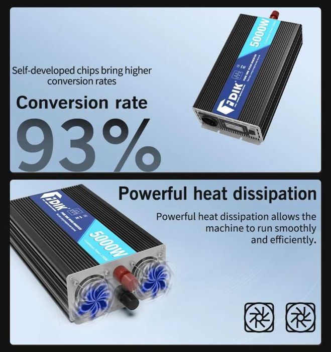 Инвертор 5000 Вт 12В → 220В  FDIK черный, чистая синусоида Гарантия