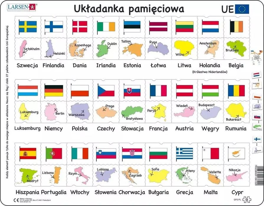 Układanka Unia Europejska - Flagi, stolice. Larsen