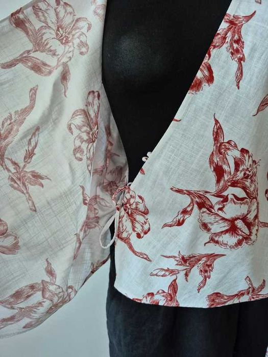 ZARA bluzka S M len wiskoza kwiaty wiązana narzutka nietoperz