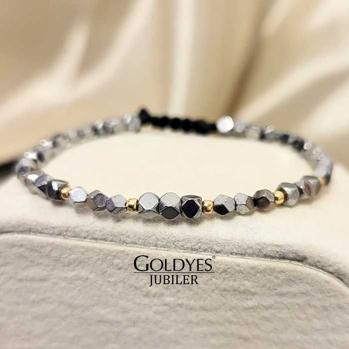 złota bransoletka na czarnym sznureczku próba złota 585 ZŁOTE KULKI