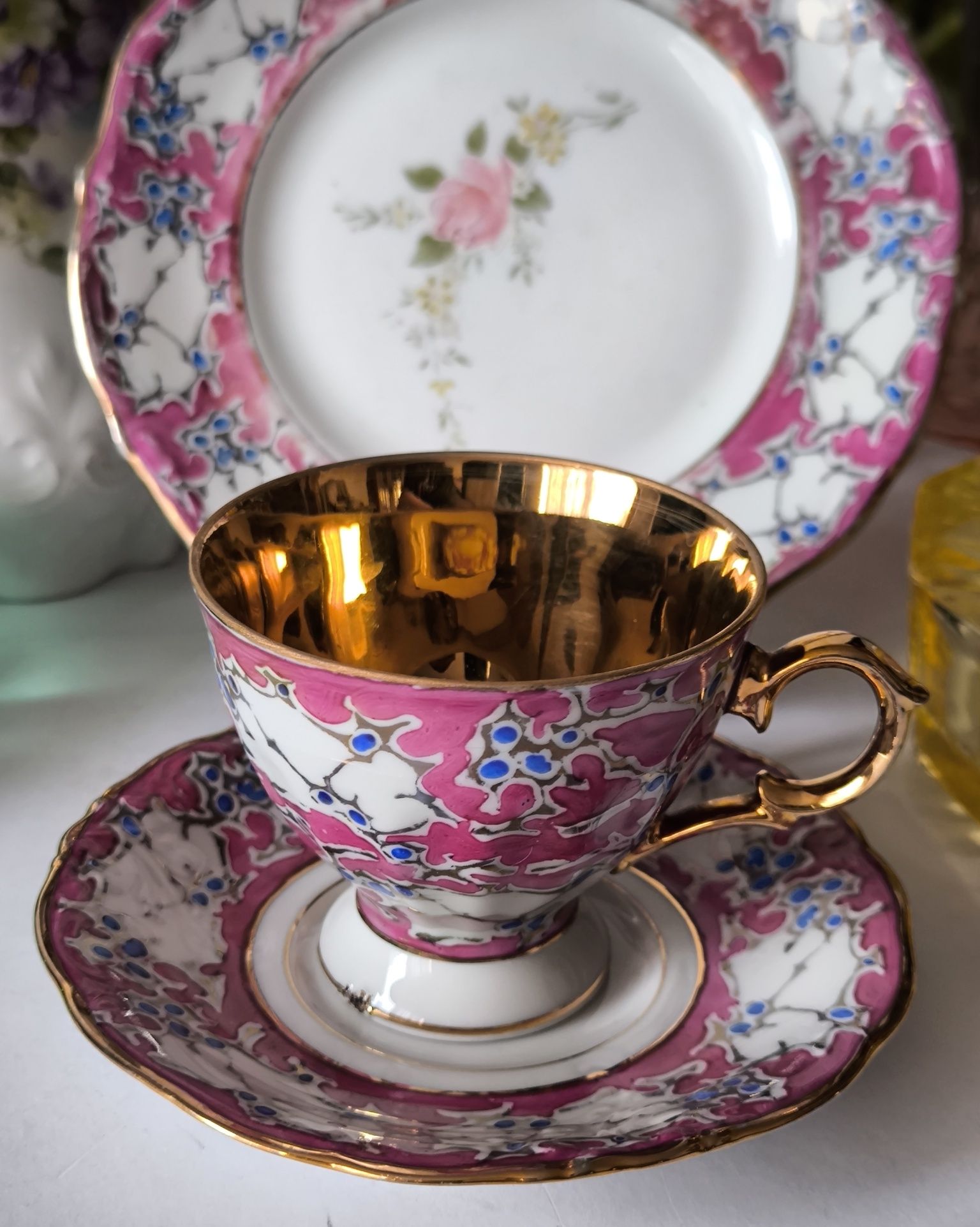 Trio składak Ćmielów Bogucice piękna stara porcelana ręcznie malowana