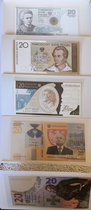 Zestaw 5 banknotów,UNC,Bitwa warszawska,Chopin,Słowacki, Skłodowska.