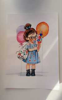 Акварельна картина -  Дівчинка з повітряними кульками