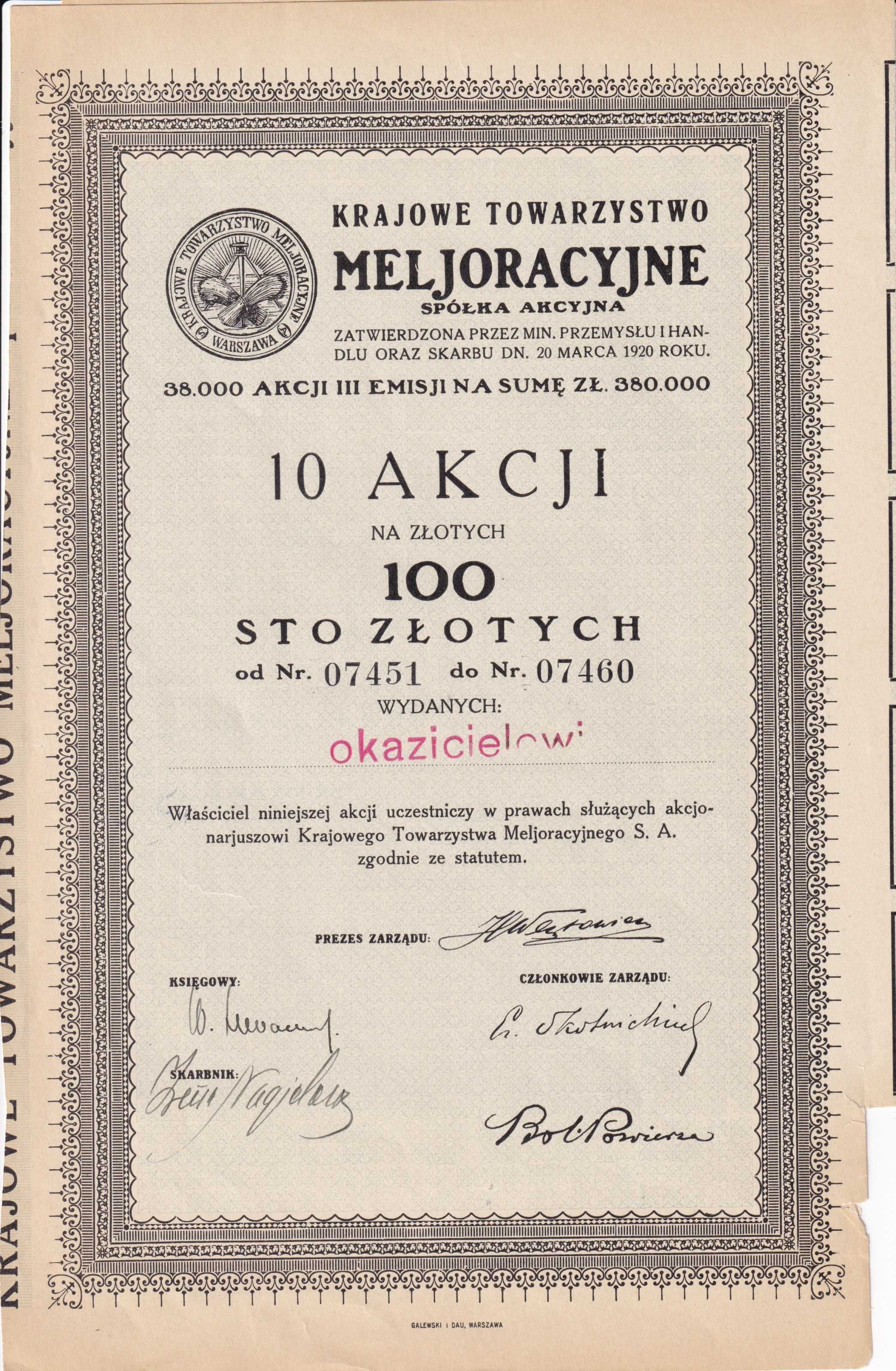 Krajowe Towarzystwo Meljoracyjne Spółka Akcyjna, 1926/27r.