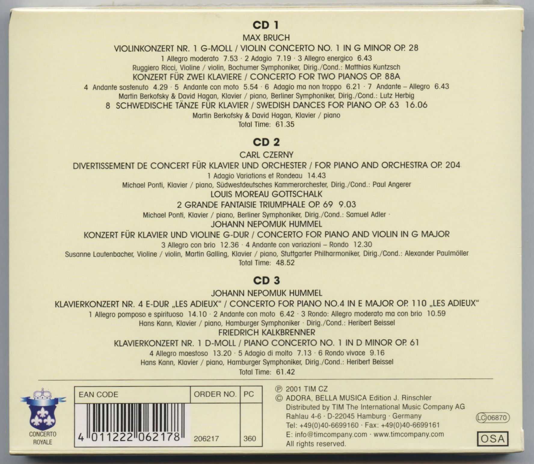 CD Bruch / Czerny / Gottschalk / Hummel / Kalkbrenner - 3CD