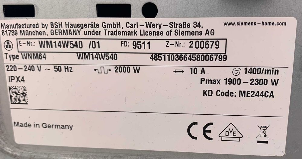 Пральна машина Siemens IQ700 WM14W540 9kg Made in Germany