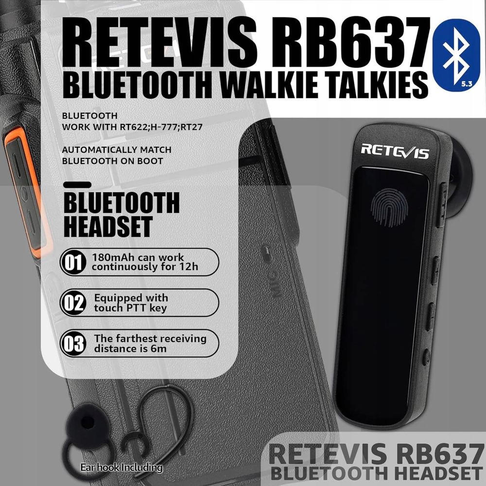 2 szt Krótkofalówka RETEVIS RB637 z słuchawką BT