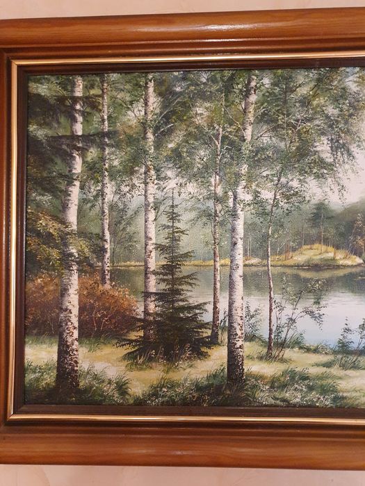 Картина маслом Березовая роща у озера худ. Шабельная 88х56 см, пейзаж